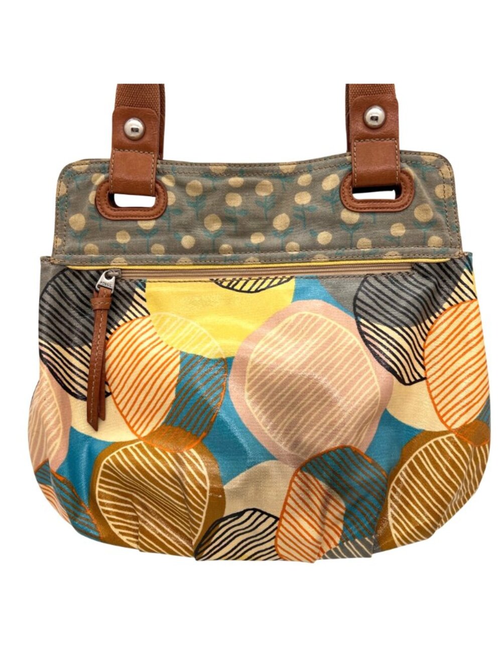 Fossil Key-Per Multicolor Coated Canvas Tote Purse Leather Handles Zipper Pocket - Picture 6 of 16
